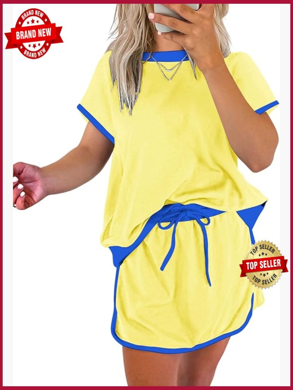 Women's 2 Piece Skirt Set Colorblock Drop Shoulder Tee & Skort Lounge Set